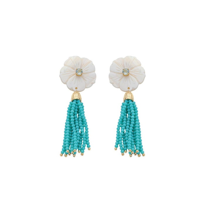 Brinco Jaque Flor Madrepérola Zircônia Cristais Turquesa Folheado a Ouro 18k