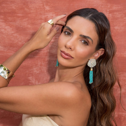 Brinco Jaque Flor Madrepérola Zircônia Cristais Turquesa Folheado a Ouro 18k