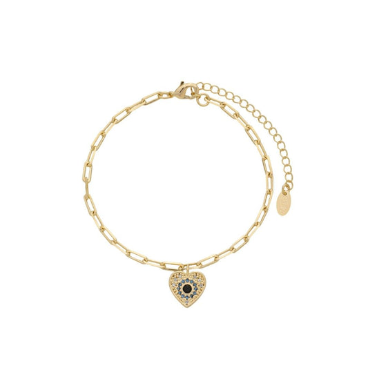 Pulseira Elos Judy Pingente Coração Olho Grego Zircônias Folheado a Ouro 18k