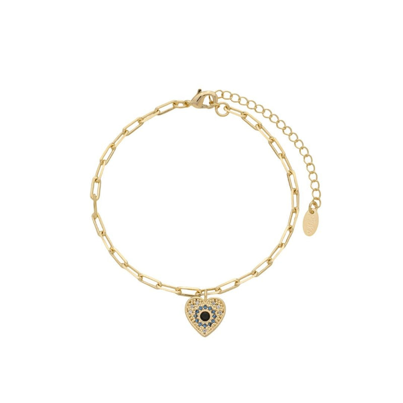 Pulseira Elos Judy Pingente Coração Olho Grego Zircônias Folheado a Ouro 18k