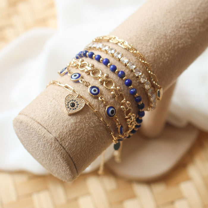 Pulseira Elos Judy Pingente Coração Olho Grego Zircônias Folheado a Ouro 18k