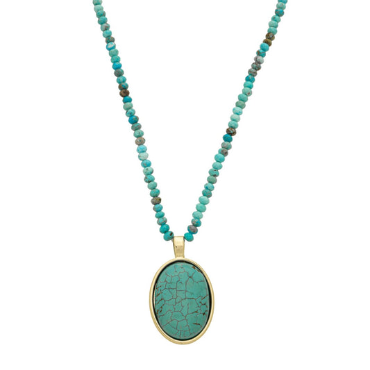 Colar Clara Cristais Pingente Oval Pedra Turquesa Folheado a Ouro 18k