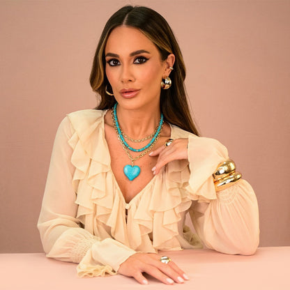 Colar Ananda Elos Coração Pedra Turquesa Folheado a Ouro 18k