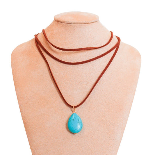 Colar Camurça Marrom Luna Pingente Pedra Natural Turquesa