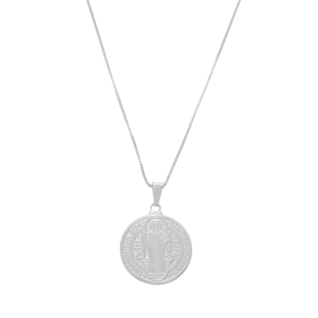 Colar São Bento Medalha G Folheado em Ródio Branco