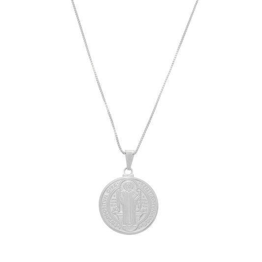 Colar São Bento Medalha G Folheado em Ródio Branco