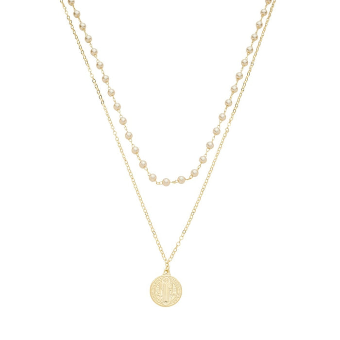 Colar de Pérolas Medalha São Bento Folheado a Ouro 18k