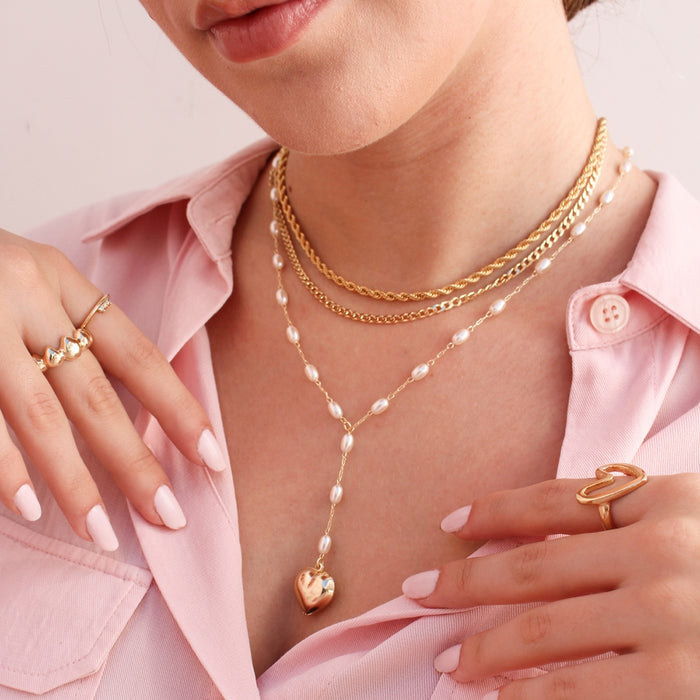 Colar de Pérolas Cecília Pingente Coração Folheado a Ouro 18k