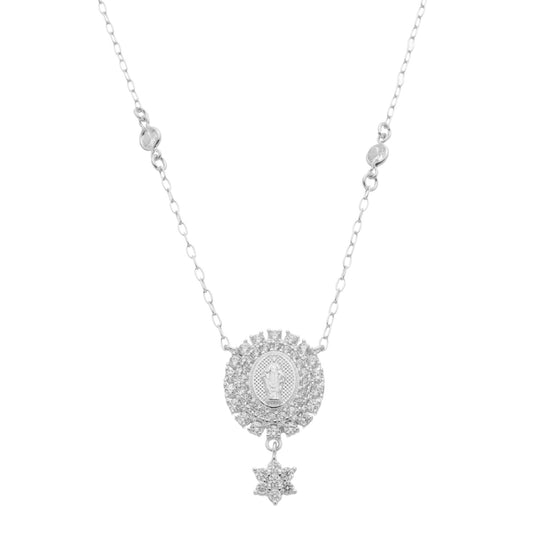 Colar Medalha Nossa Senhora das Graças Zircônias Folheado em Ródio Branco
