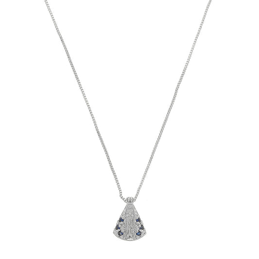 Colar Nossa Senhora Aparecida Mini Zircônias Safira Folheado em Ródio Branco