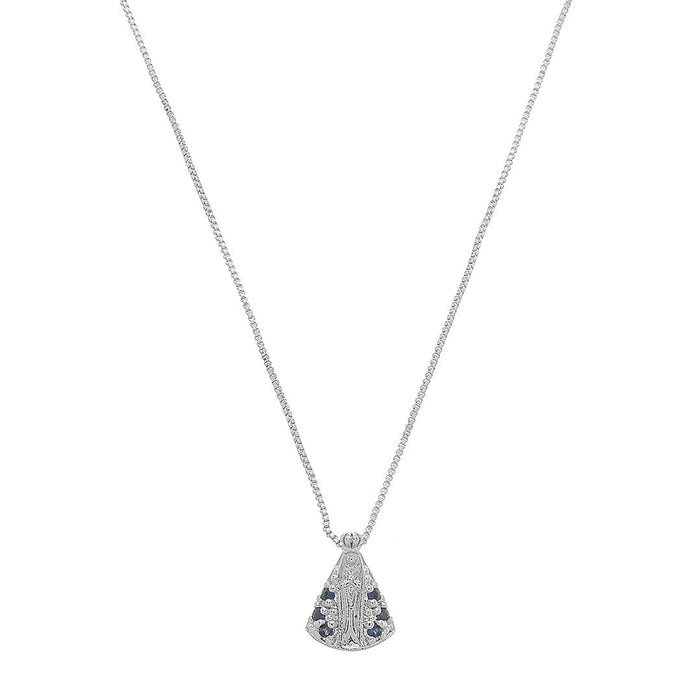 Colar Nossa Senhora Aparecida Mini Zircônias Safira Folheado em Ródio Branco