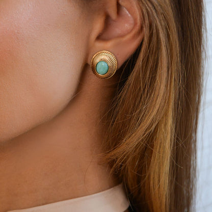 Brinco Oval Helena Pedra Turquesa Folheado a Ouro 18k