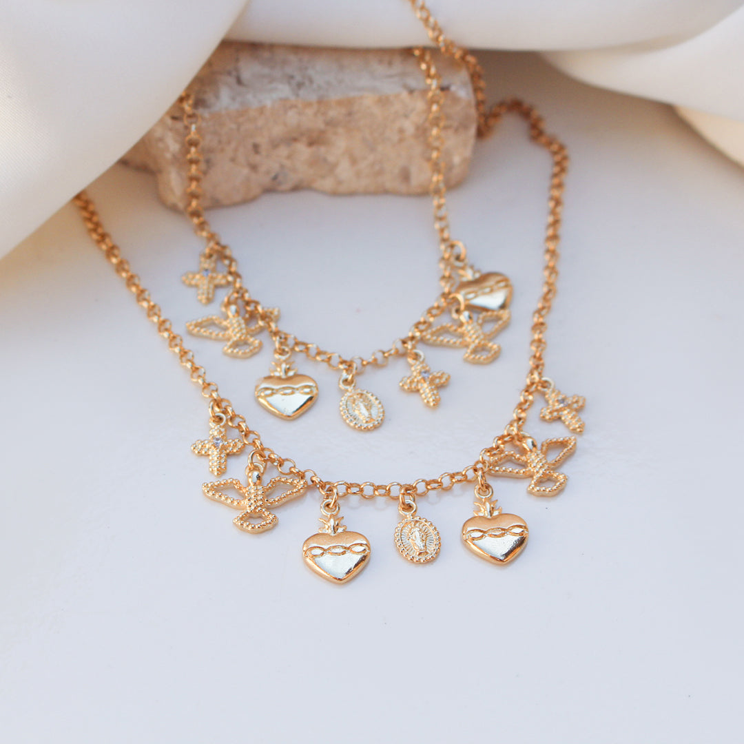 Colar Luna Pingentes Amuletos de Proteção Folheado a Ouro 18k