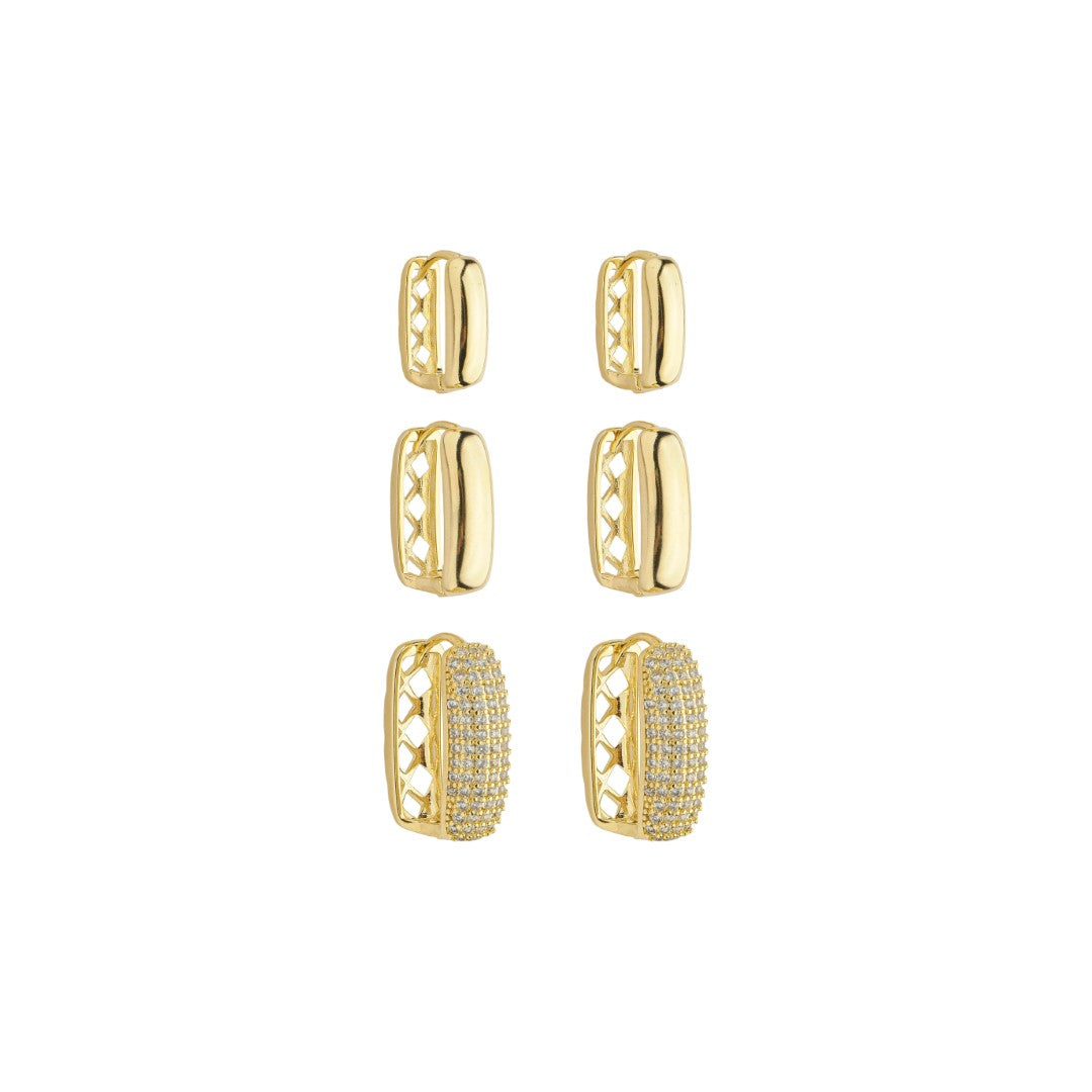 Trio de Brincos Argolinhas Retangular Bela Zircônias Folheado a Ouro 18k