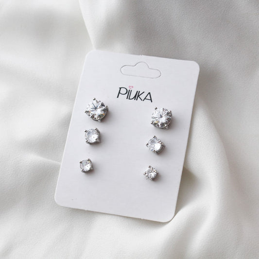 Trio de Brinco Ponto de Luz Camila Zircônia Folheado em Ródio Branco - Piuka