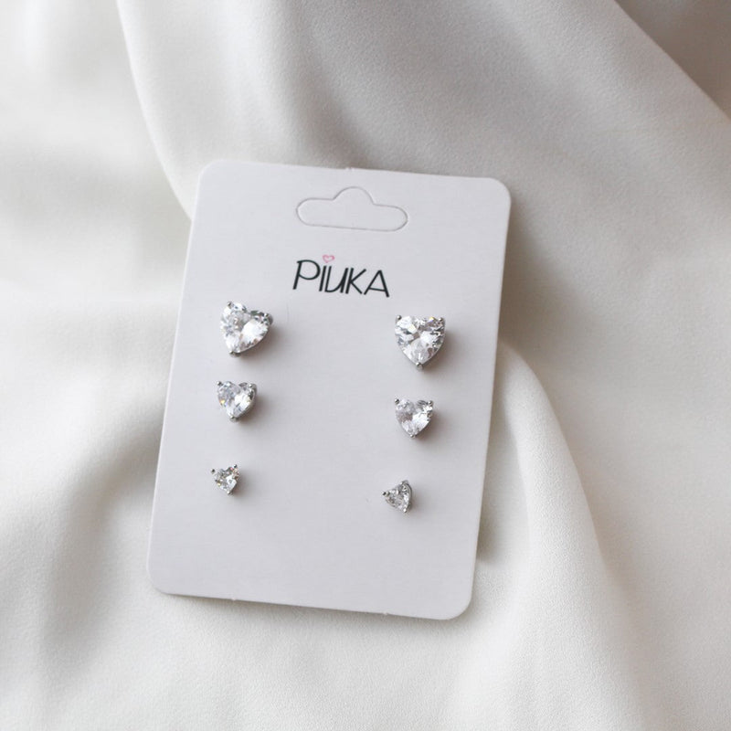 Trio de Brinco Coração Lolita Zircônia Folheado em Ródio Branco - Piuka