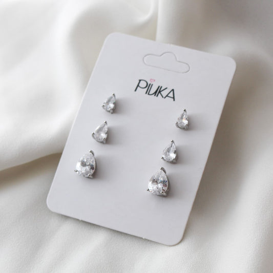 Trio de Brinco Gota Marina Zircônia Folheado em Ródio Branco