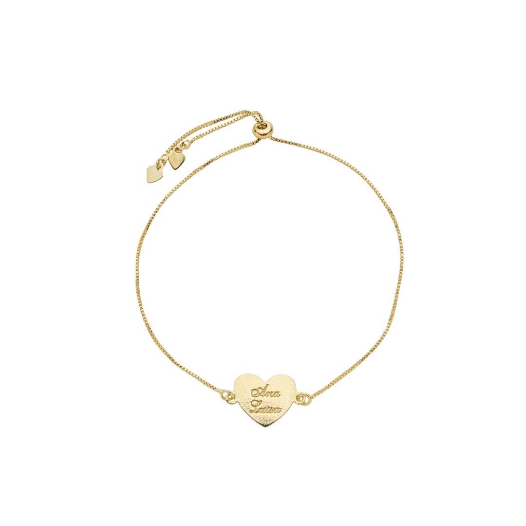 Pulseira Ajustável Personalizada Nome Coração Folheada a Ouro 18k