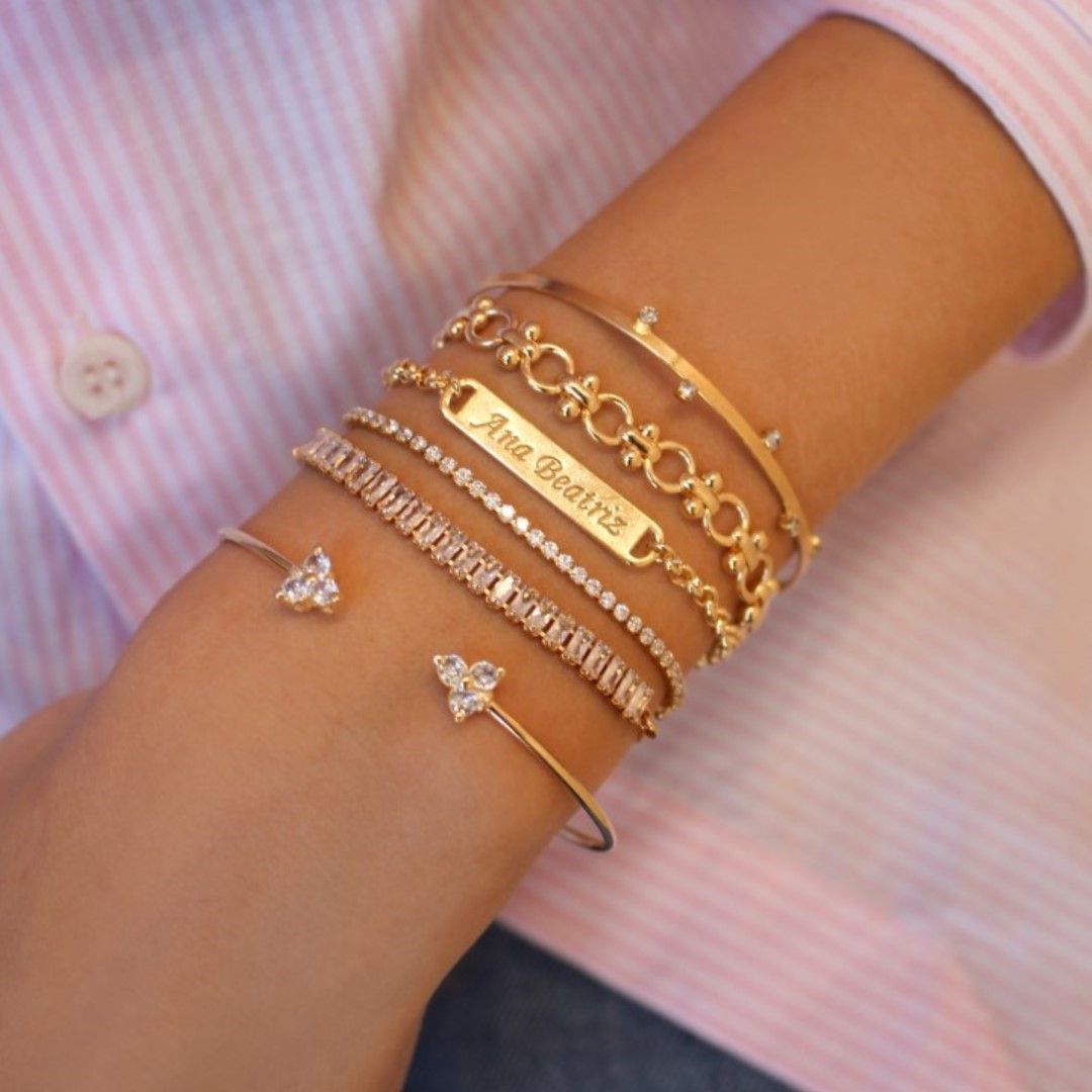Pulseira Personalizada Nome Plaquinha Elos Folheada a Ouro 18k