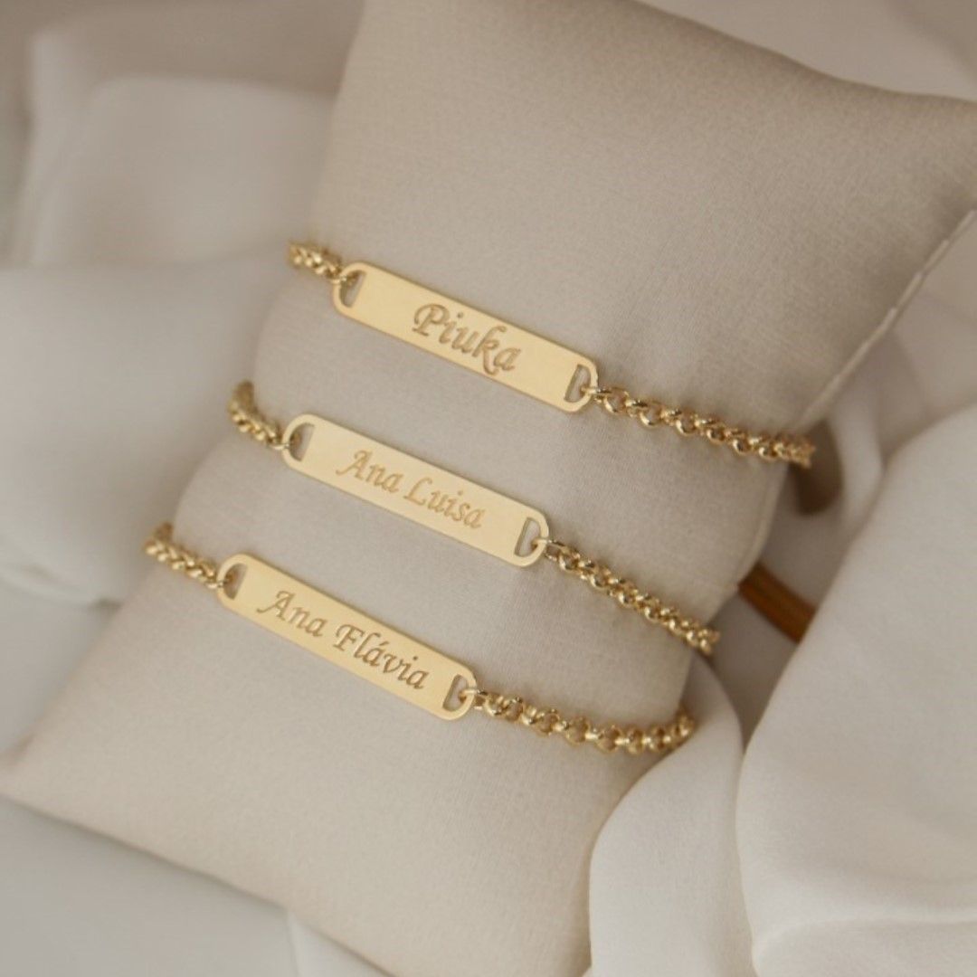 Pulseira Personalizada Nome Plaquinha Elos Folheada a Ouro 18k
