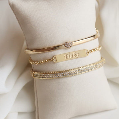 Pulseira Personalizada Nome Plaquinha Elos Folheada a Ouro 18k