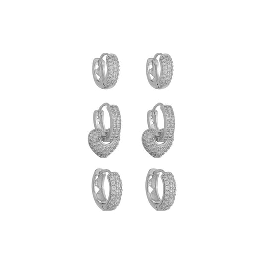 Trio de Argolinhas Brenda Coração Zircônias Folheado em Ródio