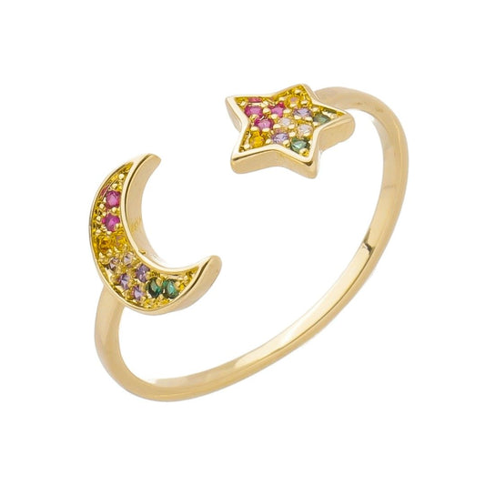 Anel Sky Semi Aberto Lua Estrela Zircônias Coloridas Folheado a Ouro 18k