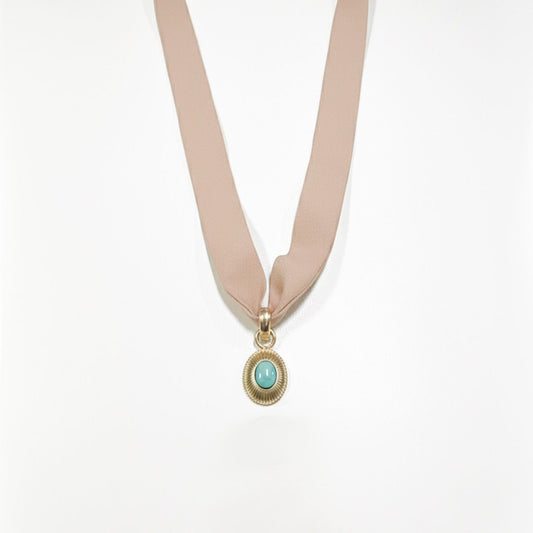 Colar Amanda Nude Pigente Oval Turquesa Folheado a Ouro 18k