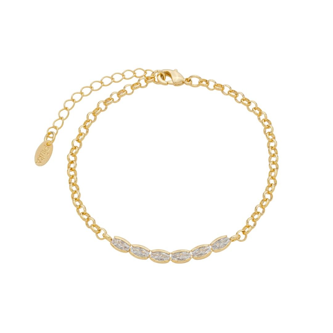 Pulseira Elos Português Janaína Oval Zircônia Folheada Ouro 18k