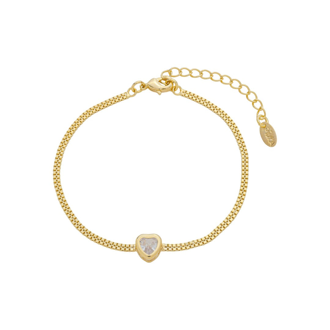 Pulseira Malha Gisele Coração Zircônia Folheado a Ouro 18k