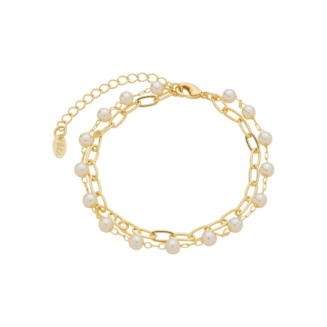 Pulseira Duas Voltas Melinda Elos Pérolas Folheada a Ouro 18k