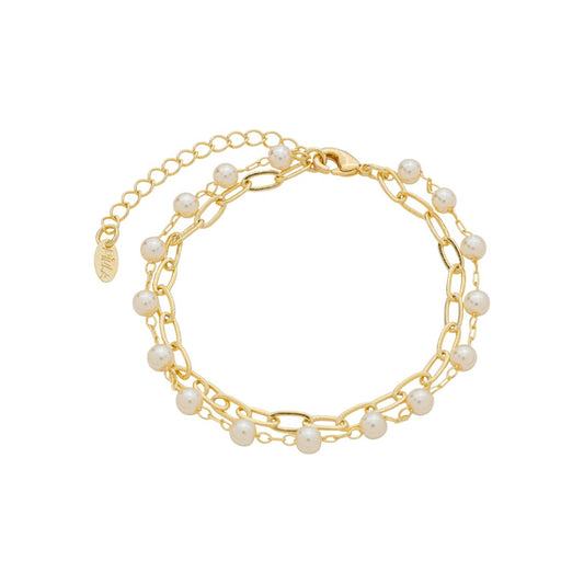 Pulseira Duas Voltas Melinda Elos Pérolas Folheada a Ouro 18k