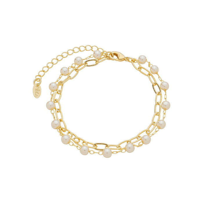 Pulseira Duas Voltas Melinda Elos Pérolas Folheada a Ouro 18k