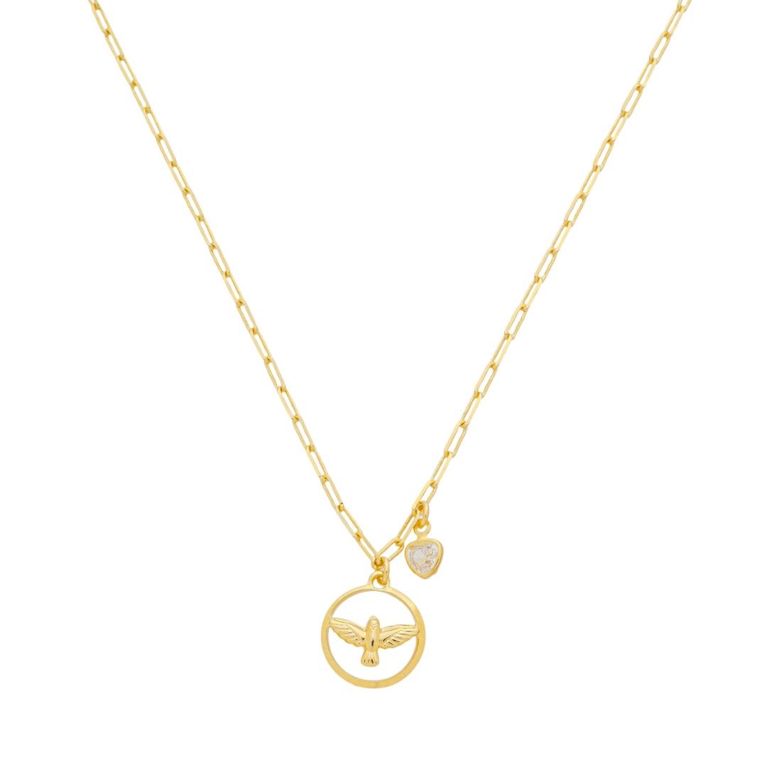 Colar Espírito Santo Círculo Mini Coração Elos Folheado a Ouro 18k