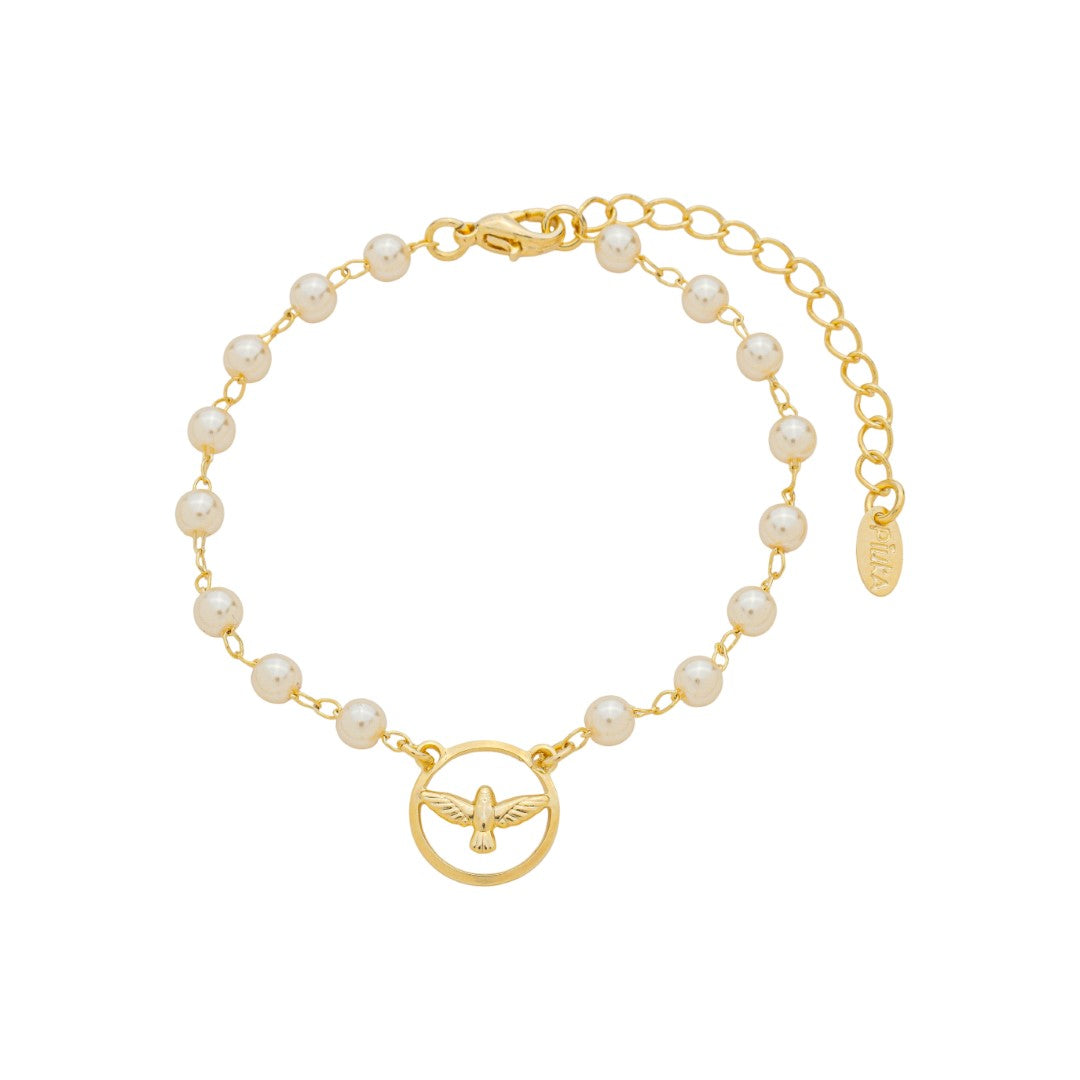 Pulseira Espírito Santo Círculo Pérolas Folheado a Ouro 18k