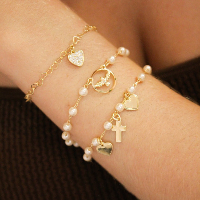 Pulseira Cruz Coração Pérolas Folheado a Ouro 18k