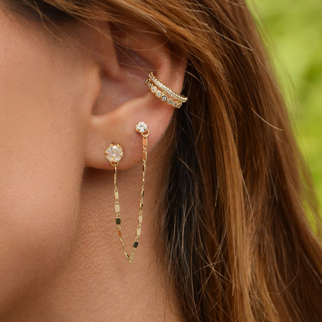 Brinco Ear Line Isabelli Ponto de Luz Zircônia Folheado a Ouro 18k