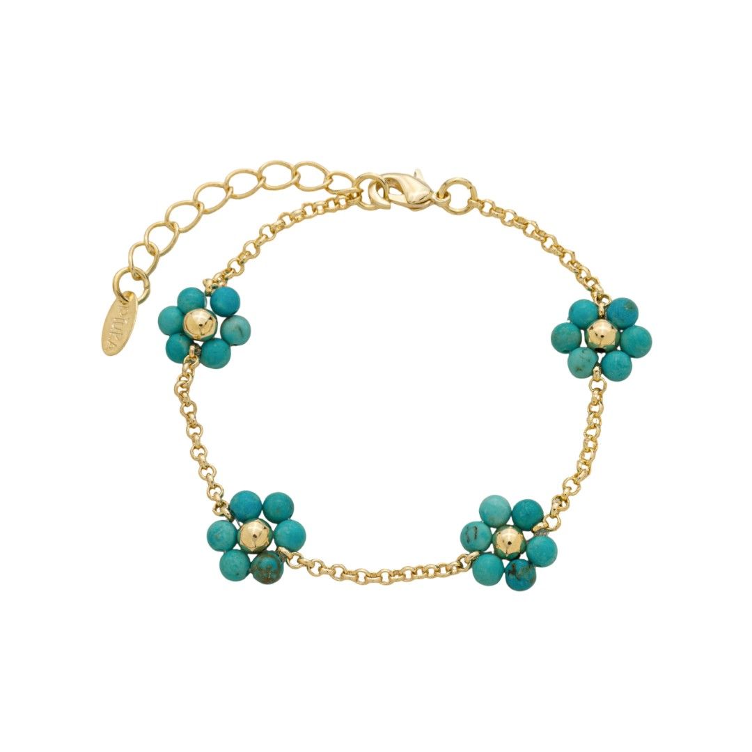 Pulseira Alice Flor Mini Howlita Turquesa Folheada a Ouro 18k