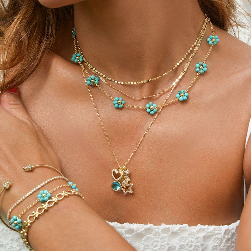 Pulseira Alice Flor Mini Howlita Turquesa Folheada a Ouro 18k