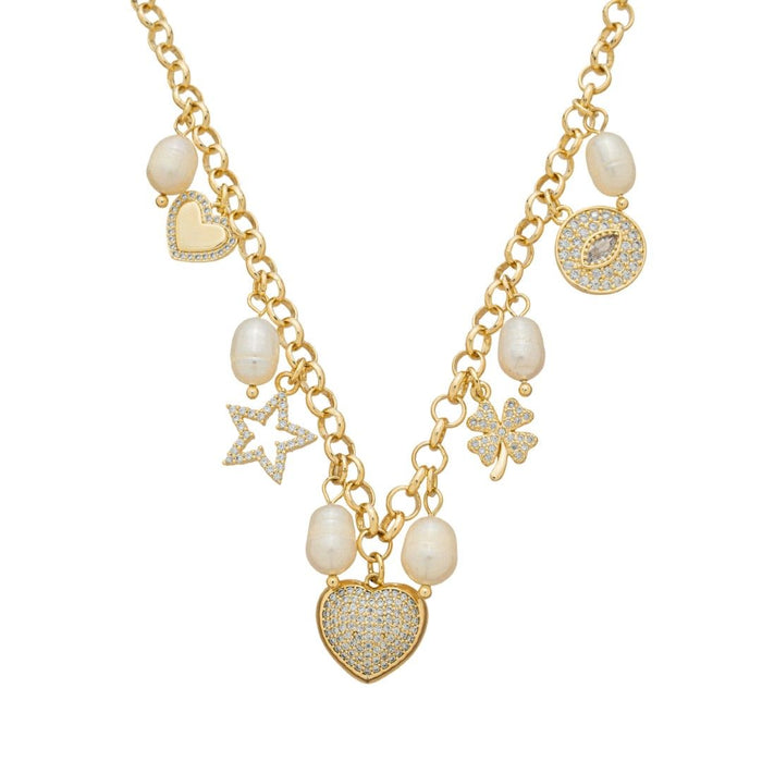 Colar Vitória Pérola Coração Estrela Trevo Olho Grego Zircônia Folheado a Ouro 18k