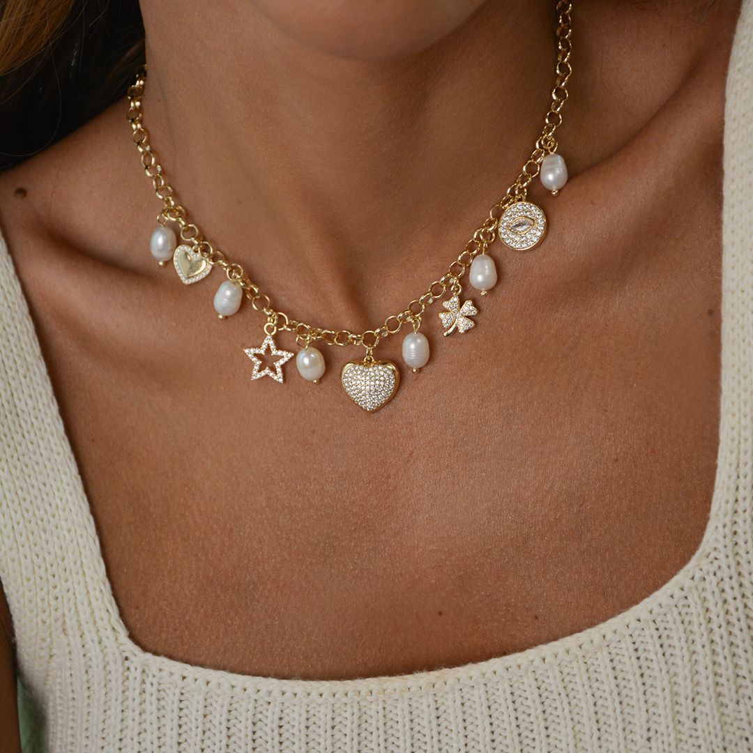 Colar Vitória Pérola Coração Estrela Trevo Olho Grego Zircônia Folheado a Ouro 18k