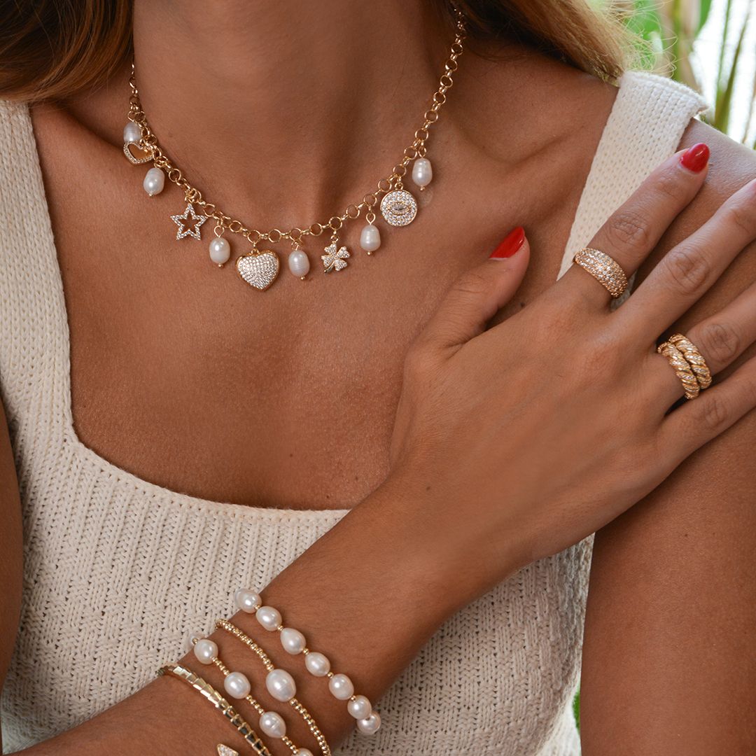 Colar Vitória Pérola Coração Estrela Trevo Olho Grego Zircônia Folheado a Ouro 18k