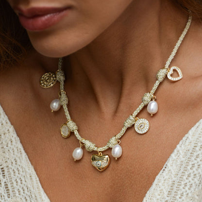 Colar Cordão Nós Clara Coração Pérolas Olho Grego Zircônias Folheado a Ouro 18k