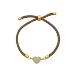 Pulseira Ajustável Maysa Coração Cordão Marrom Zircônias Folheado a Ouro 18k