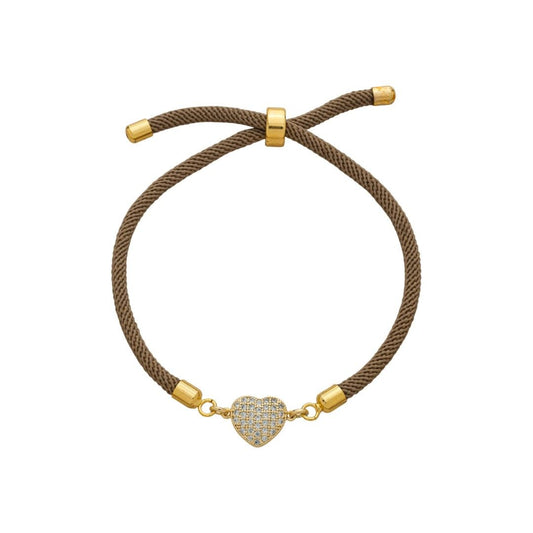 Pulseira Ajustável Maysa Coração Cordão Marrom Zircônias Folheado a Ouro 18k