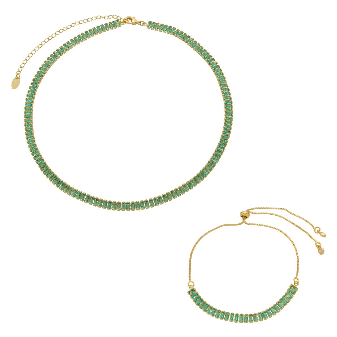 Conjunto Choker Riviera Taylor e Pulseira Riveira Zircônias Turmalina Folheado a Ouro 18k