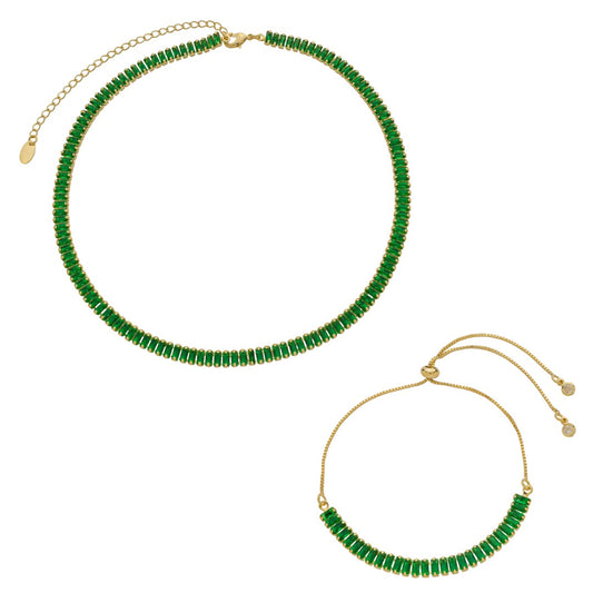 Conjunto Choker Riviera Taylor e Pulseira Riveira Zircônias Esmeralda Folheado a Ouro 18k