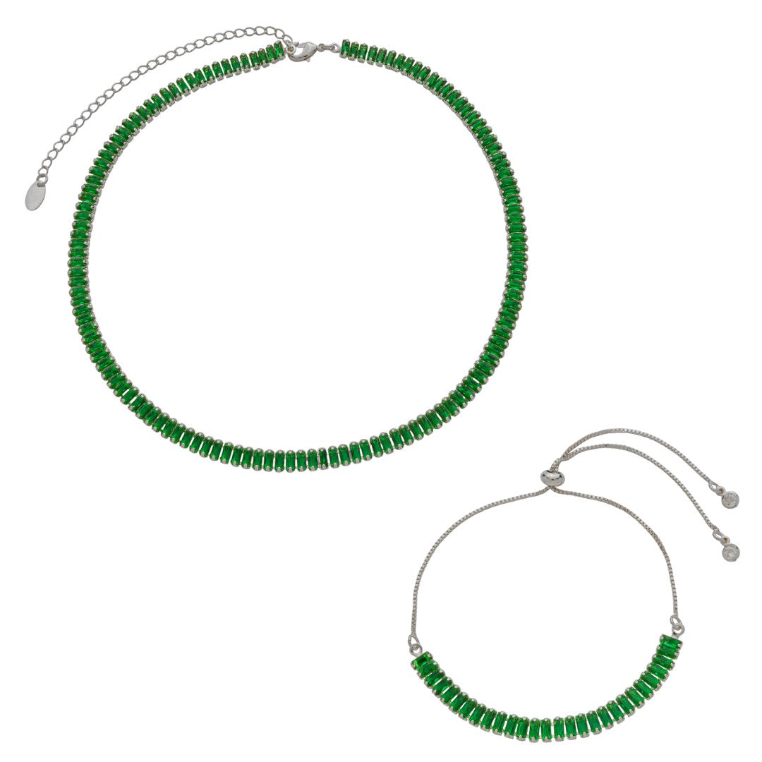 Conjunto Choker Riviera Taylor e Pulseira Riveira Zircônias Esmeralda Folheado em Ródio Branco