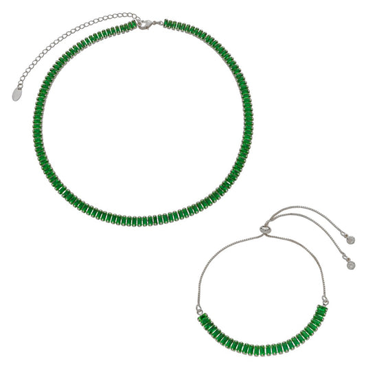 Conjunto Choker Riviera Taylor e Pulseira Riveira Zircônias Esmeralda Folheado em Ródio Branco