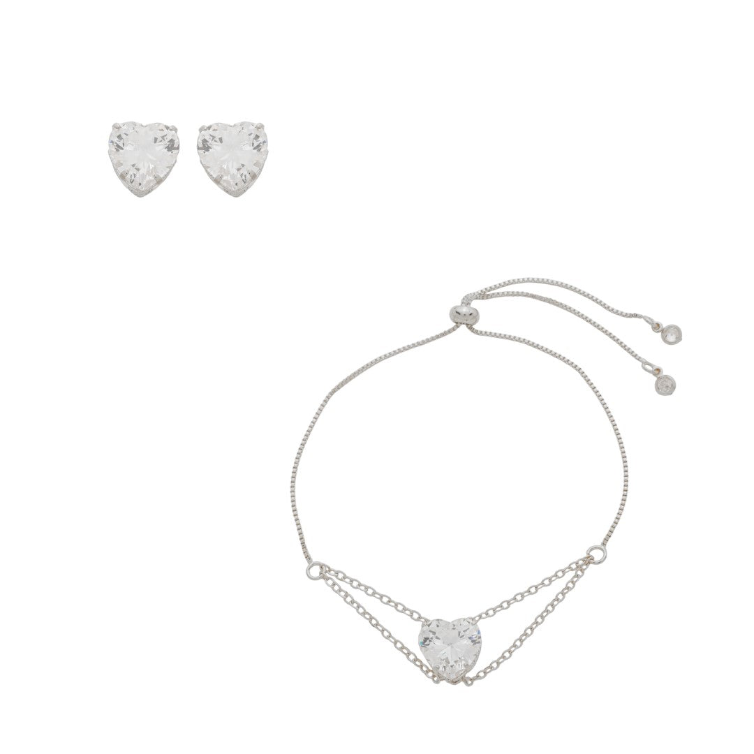 Conjunto Pulseira e Brinco Eloá Coração Zircônia Folheado em Ródio Branco